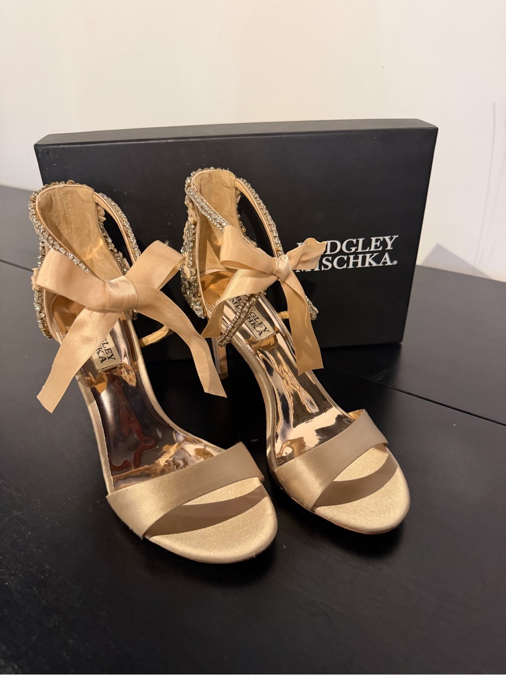 Badgley Mischka Champagne Gold Satin Crystal-Ankle Ribbon Heels